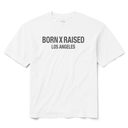 A white short-sleeve crewneck t-shirt with 'BORN X RAISED LOS ANGELES' printed in dark gray text across the chest, displayed on a clean white background.