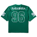 Green short-sleeve jersey shown from the back with white outlined numbers 96, the name PARANOIA across the shoulders, and white numbers on the sleeves, photographed on a plain white background.