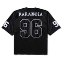 Black short-sleeve jersey shown from the back with white outlined numbering and lettering, featuring the word 'PARANOIA' across the upper back and large '96' below it.