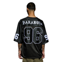 A man viewed from behind wearing a black mesh football-style jersey with 'PARANOIA' and the number '96' outlined in white on the back, plus partial numbers on the sleeves.