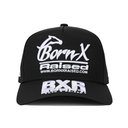 A black baseball cap with white embroidered branding, featuring the 'BornX Raised' logo on the front and 'BXR' on the brim, shown against a plain white background.