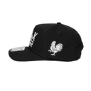 A black baseball cap with white embroidered graphics, featuring a stylized rooster on the side and partial text on the brim, shown against a plain white background.