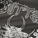 White line art of a bull and text on a black background