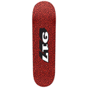 Red skateboard deck with a black and white logo on a white background