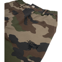 Camouflage pants with a brand logo on a white background