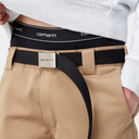 Person wearing Carhartt pants with a black belt on a white background