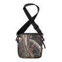 A small rectangular crossbody bag with a woodland tree-bark camouflage pattern, featuring a black adjustable shoulder strap and black trim, shown against a plain white background.