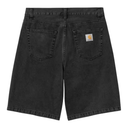 Black denim shorts with a brand logo on a white background