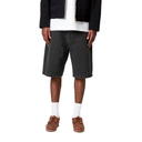 Person wearing black denim shorts, a white shirt, and brown shoes on a white background