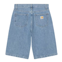 Back view of light blue denim shorts with a brand logo on a white background