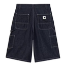 Black denim shorts with multiple pockets on a white background