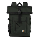 A dark olive green Carhartt backpack with black straps, buckles, and a front pocket, shown against a plain white background.