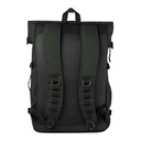 The back view of a dark olive green roll-top backpack, showing the padded shoulder straps, mesh back panel, and side compression straps against a plain white background.