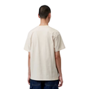 A man viewed from behind wearing a cream-colored short-sleeve t-shirt and dark blue jeans against a plain white background.