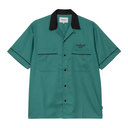 Teal shirt with black trim on a white background