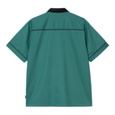 Green shirt with black trim on a white background
