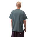 Person wearing a gray t-shirt on a white background