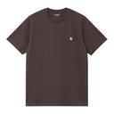 Brown t-shirt with a gold logo on a white background