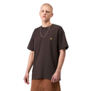 Man wearing a brown t-shirt with a logo on a white background