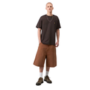 Man wearing a brown t-shirt and brown shorts on a white background