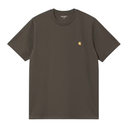 A dark brown short-sleeve crewneck t-shirt by Carhartt, featuring a small yellow embroidered Carhartt logo on the left chest, displayed on a clean white background.