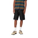 Person wearing black shorts, striped shirt, and white socks on a white background