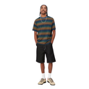 Person wearing a striped shirt and black shorts on a white background