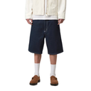 Person wearing navy shorts, white jacket, and brown shoes on a white background