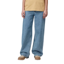 Person wearing blue jeans and a beige shirt on a white background