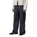 Person wearing dark blue wide-leg jeans and a white jacket on a white background