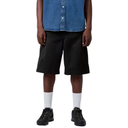 Person wearing black shorts, white socks, and a blue denim shirt on a white background