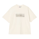 An oversized cream-colored Carhartt short-sleeve t-shirt with a metallic silver glittery 'CARHARTT' logo printed on the chest, displayed against a solid white background.