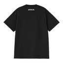 Black t-shirt with a brand logo on the back against a white background