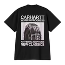 Black t-shirt with 'Carhartt Work in Progress' logo and text on a white background