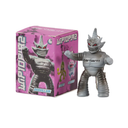 A silver metallic vinyl toy figure of the Dan Villain, standing next to its pink packaging box on a white background.