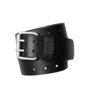 Black leather belt with silver buckle on a white background
