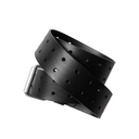 Black leather belt with silver buckle on a white background