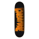 A skateboard deck with a black background and a large vertical orange graphic reading 'OVERDRIVE' in a distressed, layered font.