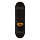 A black skateboard deck with a distressed wood grain finish and a prominent orange 'CREATURE SKATE CO.' logo printed in the center, shown against a plain white background.