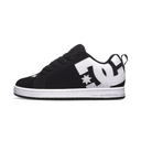 Black and white sneaker with a logo on a white background