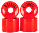 Two red skateboard wheels with 'D Street' branding on a white background