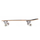Skateboard with a black deck and white trucks on a white background