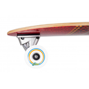 Close-up of a skateboard with a red and yellow pattern on a white background