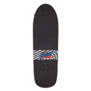Black skateboard deck with a colorful logo and checkered band on a white background