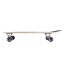 Skateboard with a wooden deck and black wheels on a white background