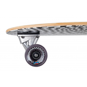Close-up of a skateboard with a checkered deck and visible trucks on a white background
