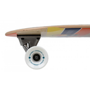 Close-up of a skateboard with a visible wheel and trucks on a white background
