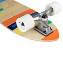 Close-up of a skateboard with a colorful deck and white wheels on a white background