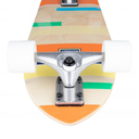 Close-up of a skateboard with a colorful deck and white trucks on a white background