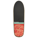 Skateboard deck with red wave design and black top on a white background